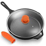 NutriChef 12' Pre-Seasoned Cast Iron PFOA-Free Oven Safe Kitchen Nonstick Cookware Frying Pan Skillet w/Glass Lid, Drip Spout, Silicone Handle-Gas/Electric/Ceramic/Induction Cooktop NCCI12, WHITE