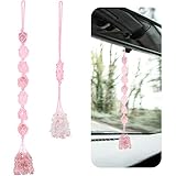 2 Pieces Natural Crystal Hanging Ornament Handmade Car Rear View Mirror Charm Hanging Accessories Witchy Room Decor Hanging Ornament for Good Luck Meditation Yoga Home Decor Feng Shui (Pink)
