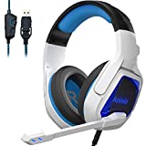 Anivia MH901 USB Gaming Headset for PC/MAC/PS4/PS5, 7.1 Surround Sound Wired Headphone with Adjustable Active Noise Cancelling Mic, White & Blue LED Light
