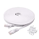 Ercielook Ethernet Cable 100 ft High Speed, Cat 6 Flat Network Cable with Rj45 Connectors, Long LAN Cable with Clips - White 30 M