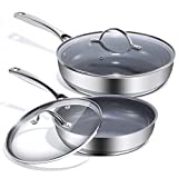 REDMOND Nonstick Frying Pan Skillet Set with Lids, 8 Inch & 10 Inch Stainless Steel Deep Frying Pans with Ceramic Coating, Dishwasher & Oven Safe