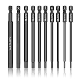 TLEEP 10 x 1/4 Inch Hex Head Allen Wrench Drill Bits Long 100MM, SAE, Magnetic Tips Screwdriver Socket Bit Set for Ikea Type Furniture(S2 Steel 5/64 inch to 5/16 inch)