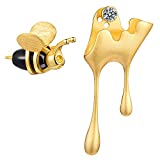 Lotus Fun 925 Sterling Silver Earrings Bee and Dripping Honey Asymmetric Stud Earrings for Women and Girls, Creative Handmade Unique Jewelry (Gold)