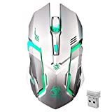 Wireless Gaming Mouse, VEGCOO C8 Silent Click Wireless Rechargeable Mouse with Colorful LED Lights and 2400/1600/1000 DPI for Laptop and Computer (C9s Silver)