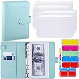 Antner A6 PU Leather Budget Binder Cover with 12PCS A6 Binder Pockets Loose Leaf Bags 6 Ring Budget Binder Cash Envelopes System, Mint Blue