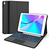 CHESONA iPad Keyboard 9th Generation, 7 Color Backlit, Multi-Touch Trackpad, Built-in Pencil Holder, 2 Bluetooth Channels, Flip Stand Keyboard Case for iPad 9th/8th/7th Gen 10.2” Black