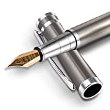 BEILUNER Luxury Fountain Pen Set,Solid 24K Gilded Extra Fine Nib, Silver Stainless Steel Body- Includes 6 Ink Cartridges & Ink Refill Converter with Gift Case