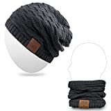 Rotibox 2IN1 Washable Winter Mens Womens Trendy Bluetooth Beanie Hat Scarf Wireless Stereo Headphones Mic Hands Free Rechargeable Battery Compatible with Cell Phones,iPhone,Android,Laptops - Black …
