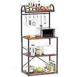 HIUU Kitchen Bakers Rack 4 Tier Utility Storage Shelves, Microwave Oven Stand with Storage, Kitchen Shelf Organizer Rack with 6 Hooks and Adjustable Feet, Brown Black