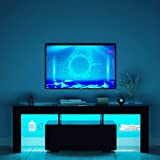 WERSMT Black LED TV Stand, Entertainment Center with 1 Drawer Storage for 50' 55' 60', Modern Glossy Body TV Console Cabinet with 2 Glass Open Shelves(B,Black)
