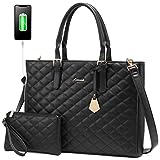 LOVEVOOK Laptop Bag for Women, Work Tote Bag Quilted Leather Computer Shoulder Bag, 15.6 inch Laptop Tote Purse Set, Waterproof Business Briefcase Handbag 2 PCS for Office,Teacher Black