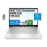HP 2022 15.6' FHD Touchscreen Laptop, Intel Core i5-1135G7 Processor, 32GB DDR4 RAM, 1TB SSD, Intel Iris Xe Graphics, HD Webcam, HD Audio, USB-C, Windows 11, Silver, 32GB SnowBell USB Card