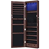 SONGMICS 6 LEDs Mirror Jewelry Cabinet Lockable 47.2' H Wall/Door Mounted Jewelry Armoire Organizer, 2 Drawers, Dark Brown UJJC93K