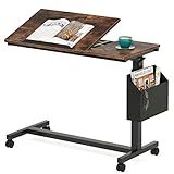 Tribesigns Height Adjustable C Shaped End Table with Wheels and Side Pocket, Mobile Sofa Snack Table with Tiltable Drawing Board, Laptop Side Tray Table for Couch Bed, Rustic Brown
