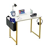 White Gold Mini Computer Desk Small Home Office Modern Writing Table for Student Teens Study Bedroom Work PC Laptop Desks, 31 inch with Gold Legs