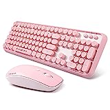 Pink Wireless Keyboard Mouse Combo, 2.4GHz Wireless Retro Typewriter Keyboard and Mouse Combo, Letton Full Size Wireless Office Computer Keyboard and Cute Mouse with 3 DPI for Mac PC Desktop Laptop
