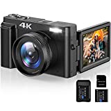 4K Digital Camera for Photography and Video Autofocus 16X Digital Zoom, 48MP Vlogging Camera with 32GB SD Card, 3'' 180° Flip Screen Compact Camera for Travel,2 Batteries Charger Stand