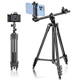 Phone Tripod, Lusweimi 67-inch Horizontal Tripod Stand with 360° Adjustable Ball Head and Wireless Remote for Camera/iPhone/Webcam, Tripod for Video Recording with Extended Arm/Clip Mount/Carry Bag