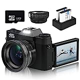 Digital Cameras for Photography, 4K 48MP Vlogging Camera 16X Digital Zoom Manual Focus Rechargeable Students Compact Camera with 52mm Wide-Angle Lens & Macro Lens, 32G Micro Card and 2 Batteries