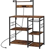 SUPERJARE Bakers Rack with Power Outlet, Microwave Stand, Coffee Bar with Wire Basket, Kitchen Storage Rack with 6 S-Hooks, Kitchen Shelves for Spices, Pots and Pans - Rustic Brown