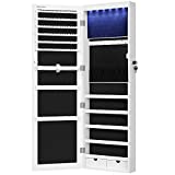 SONGMICS 6 LEDs Mirror Jewelry Cabinet, Christmas Gifts, 47.2'H Lockable Wall/Door Mounted Jewelry Armoire Organizer with Mirror, 2 Drawers, White UJJC93W