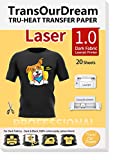 TransOurDream Iron on Heat Transfer Paper for Dark T Shirts (20 Sheets 8.5x11', 1.0) Printable HTV Heat Transfer Vinyl for Laserjet Printers Iron On transfers for T Shirts (TRANS-LAS1-D-20)