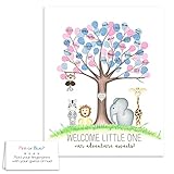 Gender Reveal Fingerprint Tree with Jungle Safari Animals, Jungle Themed Baby Shower Thumbprint Tree Baby Reveal Activity Ideas