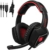 SADES 3.5mm Stereo Surround Sound Gaming Headset with Mic, Noise Cancelling & Led Light & Volume Control Over Ear Gamer Headphones, Red Headset for PC MAC Laptop Computer Games