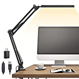 TROPICALTREE LED Desk Lamp, Swing arm Desk Light with clamp, 3 Lighting 10 Brightness Eye-Caring Modes, Reading Desk Lamps for Home Office 360 Degree Spin with USB Adapter & Memory Function black-14W