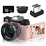 Digital Cameras for Photography, VETEK 4K 48MP Vlogging Camera 16X Digital Zoom Manual Focus Rechargeable Students Compact Camera with 52mm Wide-Angle Lens & Macro Lens, 32G Card and 2 Batteries(Pink)