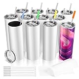 12PCS 20 OZ Sublimation Tumblers Blank Skinny Straight Stainless Steel Double Wall Insulated with Lid, Straws, Cleaning Brush, Rubber Base, and Shrink Wrap Polymer Coating for Heat Transfer