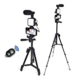 Smartphone Video Kit, Vlogging Kit, Youtuber Kit, with Microphone Light Tripod 50' Extendable Phone Clip Remote Control Compatible with iPhone/Smartphone/Cameras