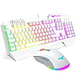 havit Keyboard Rainbow Backlit Wired Gaming Keyboard Mouse Combo, LED 104 Keys USB Ergonomic Wrist Rest Keyboard, 4800 DPI Mouse for PC Gamer (White)