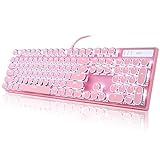 Typewriter Style Mechanical Gaming Keyboard, Pink Retro Punk Gaming Keyboard with White Backlit, 104 Keys Blue Switch Wired Cute Keyboard, Round Keycaps for Windows/Mac/PC