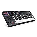 USB MIDI Keyboard Controller, Donner D-37 Colourful MIDI with 37 Full Size Keys, 8 Custom Keys, 8 Assignable Knobs, 4 Faders for Beginners & Music Composition Lover