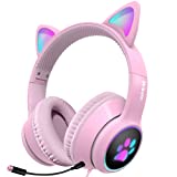 Mokata Gaming Headphone Wired AUX 3.5mm Over Ear Cat LED Light Fit Adult & Kids Foldable Stereo Headset Earmuffs with Microphone for PC PS4 PS5 Game Cellphone Laptop Pad H02 Pink