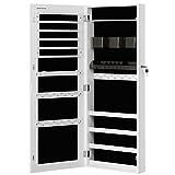 SONGMICS Mirror Jewelry Cabinet Armoire, Lockable Wall-Mounted Storage Organizer Unit with 2 Plastic Cosmetic Storage Trays, Full-Length Frameless Mirror, White UJJC001W01