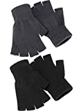 Satinior 2 Pair Unisex Half Finger Gloves Winter Stretchy Knit Fingerless Gloves in Common Size (Black+Grey)
