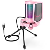 FIFINE USB Gaming PC Microphone for Streaming Podcasts, AmpliGame RGB Computer Condenser Desktop Mic, Cardioid Pattern for YouTube Video, Plug and Play on PS4 PS5, with Quick Mute, Mic Gain-A6V Pink