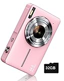 Digital Camera, FHD 1080P Digital Point and Shoot Camera for Kids 44MP Vlogging Camera with Anti Shake 16X Zoom, Compact Kids Camera Small Camera for Boys Girls Teens Students Seniors- Pink