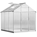 Outsunny 6' L x 6' W Walk-in Polycarbonate Greenhouse with Roof Vent for Ventilation & Rain Gutter, Hobby Greenhouse for Winter