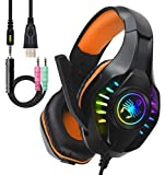 Pro Gaming Headset for PC PS4 Xbox One Bass Surround Sound Over-Ear Headphones with Mic/LED Light/Soft Memory Earmuffs for Computer Laptop Switch Games Kids Boys Teens Gifts