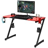Tangkula Gaming Desk, Z-Shaped Computer Desk Professional Gamer Workstation with PVC Blow Molding Textured Surface, Gamer Table Desk w/Cup Holder, Headphone Hook & Audio Stands