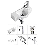Bathroom Ceramic Washbasin and Faucet Combo White Small Sink Wall Mount Sink Corner Sink Set Chrome Pop-up Drain Included (Sink with Faucet & Drain)