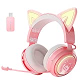 SOMIC GS510 Cat Ear Headset Wireless Gaming Headsets for PS5/ PS4/ PC, Pink Headset 2.4G with Retractable Microphone, 7.1 Stereo Sound,8Hrs Playtime, RGB Lighting for Girls, Women