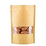 R-Noble 50 Pcs 7x10 Inches Stand Up Kraft Paper Bag, Reusable Zip Lock Sealing With Notch Matte Transparent Window Bags, All Purpose Storing Food Storage, Ideal for Coffee Beans, Nuts, Biscuits, DIY