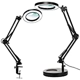 Magnifying Glass with Light and Stand, KIRKAS 2-in-1 Stepless Dimmable LED Magnifying desk Lamp with Clamp, 3 Color Modes Lighted Magnifier Lens Swivel Arm Light for Reading, Craft, Close Works -Black