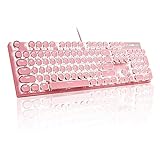 MageGee Typewriter Mechanical Gaming Keyboard, Retro Punk Round Keycap LED White Backlit USB Wired Keyboards for Game and Office, for Windows Laptop PC Mac - Blue Switches/Pink