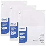 Mead Loose Leaf Paper, 3 Pack, 3 Hole Punch Reinforced Filler Paper, College Ruled Paper, 10-1/2' x 8', 200 Sheets per Pack (73185)