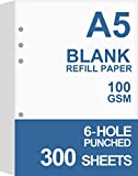 (3-Pack) A5 Blank Paper, Refills for Filofax Planner, Organizer, Binders, 6 Hole Punched, Total 300 Sheets/600 Pages, 100gsm, White, 5.8 x 8.2 Inch